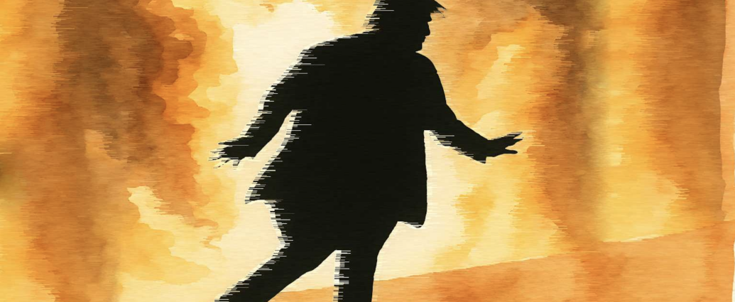 Donald Trump walking away into a foggy background on fire